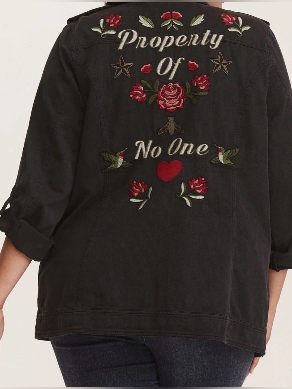 Torrid Embroidered Utility Jacket Black "Property of No One" Floral Military